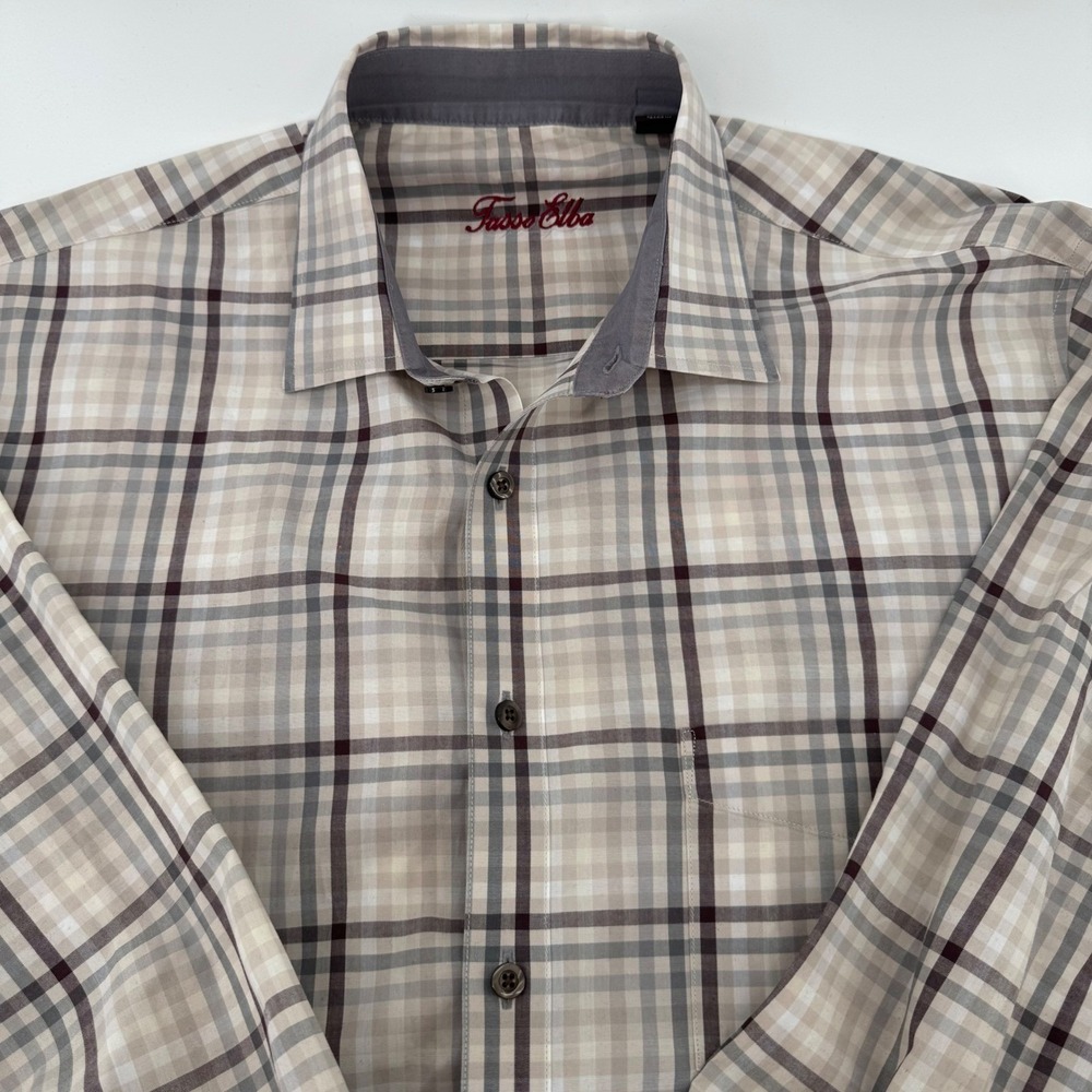 Tasso Elba Button Down Shirt Mens XL‎ Plaid 100% Cotton Classic Fit Tan Grey